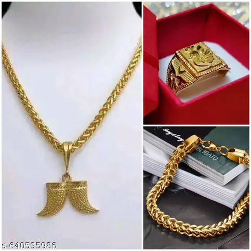 Gold Plated Chain With Pandent and Ring and Bracelet For Men / Boys Stylish