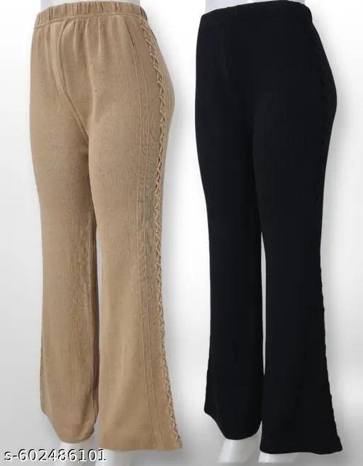 ( combo of 2 ) Premium full ankle length knit textured febric Woolen palazzo for winters beige and black