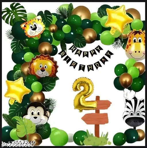 2nd Happy Birthday Decoration Combo Jungle Theme Happy Birthday 2 Year Decoration Kit For Boy & Girl Birthday Party Decoration