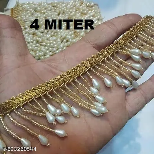 Premium Embroidered Tissue Silk Unstitched Suit Material with Heavy Pearl Fringe Border 4MTR