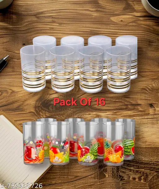 New Offer Classic Fruits Printed(8 Pcs) and Gold Line Printed(8 Pcs) Transperent Drinking Glasses, Durable Plastic, BPA Free