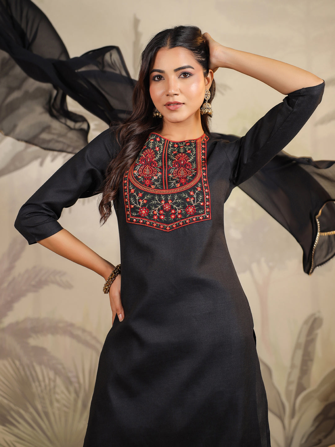 Black Cotton Blend Yoke Embroidered Straight Kurta Set..