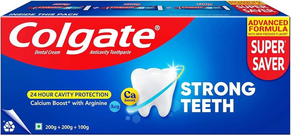 Colgate Strong Teeth, 500g (200g + 200g + 100g), Calcium-boost Tooth Paste for 2X Stronger Teeth, Protects Enamel, Whitens Teeth, Fresh Breath & Prevents Cavities (Combo Multipack)