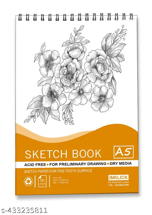 INKLICK 50 Sheet A5 Sketchbook 5.8 x 8.3 Inch | Top Spiral-Bound Sketchpad for Artists | Sketching and Drawing Acid Free Paper, for Doodling (Style-3)