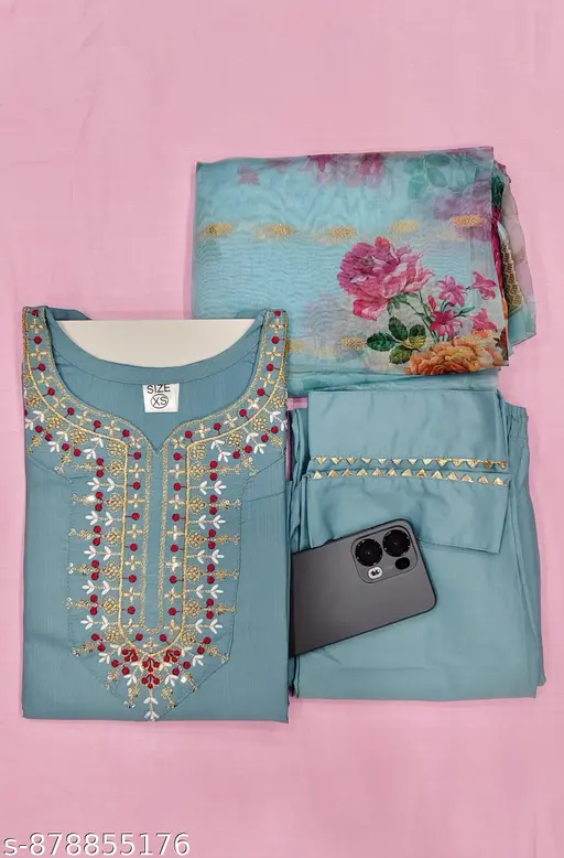 Fancy Reyon Slub Kurta Set With Dupatta Woman's Rayon Kurti Pent With Dupatta-Woman's Rayon Kurti Pent With Dupatta.